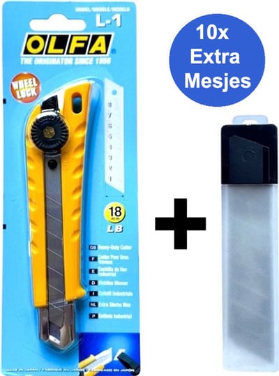 OLFA L1 Stanleymes 18 mm – Professioneel Afbreekmes – Stanley Mes – Inclusief 10 Extra Reserve Mesjes – Universeel – Tapijtmes – Cutter – Werkmes – Doosmes – Snijmes – Breekmes – Hobbymes – Kartonmes – Stanleymessen – Heavy Duty – Geel – 18mm Mes