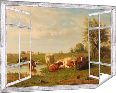 Gards Tuinposter Doorkijk Koeien in de Weide - Gerard Bilders - 150x100 cm - Tuindoek - Tuindecoratie - Wanddecoratie buiten - Tuinschilderij