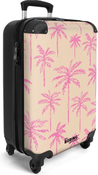 NoBoringSuitcases.com® - Handbagage koffer lichtgewicht - Reiskoffer trolley - Beige met roze palmbomen - Rolkoffer met wieltjes - Reistrolley - Past binnen 55x40x20 en 55x35x25