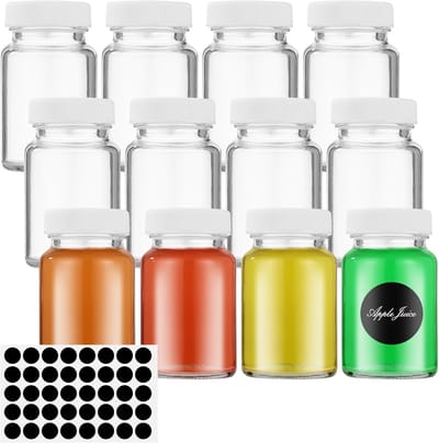 Famanu - Set van 12 stuks 60ml Shot Flessen te Vullen, Met Deksel Herbruikbare Kleine Glazen, Mini Glazen Flessen, Voor Vruchtensappen, Ginger Ale, Geconcentreerde Dranken, Alcoholische