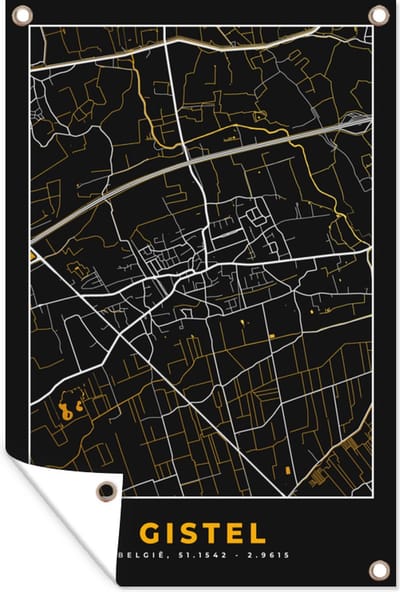 Muurdecoratie Gistel - Plattegrond - Kaart - Goud - Stadskaart - 120x180 cm - Tuinposter - Tuindoek