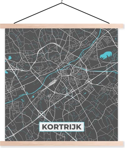 Posterhanger incl. Poster 40x40 cm - Schoolplaat - België – Kortrijk – Stadskaart – Kaart – Blauw – Plattegrond - Textielposter - Blanke latten - Stadskaart