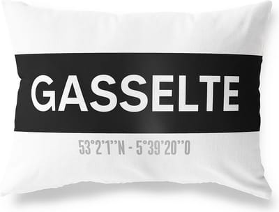 Tuinkussen GASSELTE - DRENTHE met coördinaten - Buitenkussen - Bootkussen - Weerbestendig - Jouw Plaats - Studio216 - Modern - Zwart-Wit - 50x30cm
