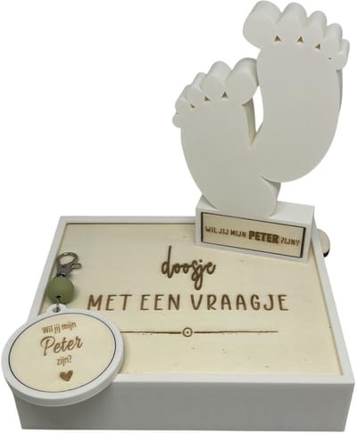Geschenkbox Wil jij mijn PETER zijn? | groen | 3D | sleutelhanger | voetjes | peter vragen | peter worden | peetoom vragen | peetoom worden | cadeau | doosje met een vraag