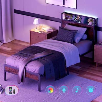 KUTAS Metalen Bedframe 90x200 cm - Eenpersoonsbed Met LED Verlichting - Stopcontacten - USB Poorten - Type C - Hoofdbord met Opbergruimte - Voor 1 persoon