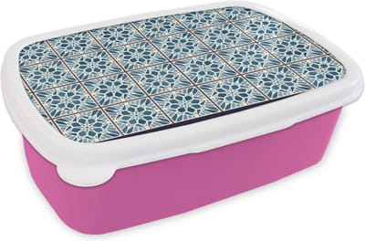 Broodtrommel Roze - Lunchbox - Brooddoos - Tegel - Vintage - Patronen - 18x12x6 cm - Kinderen - Meisje
