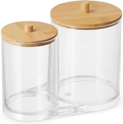 Wattenschijfjes Container Doos - Wattenschijfjesdispenserset - organizer - Badkamer Container - Wattenstaafjes Opslag - Wattenstaafje Houder met Bamboe Deksel - 15.5*11.8*8.5cm - PS - transparant