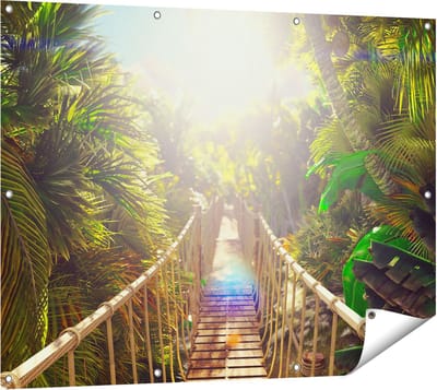 Gards Tuinposter Houten Brug in de Tropische Jungle - 120x90 cm - Tuindoek - Tuindecoratie - Wanddecoratie buiten - Tuinschilderij