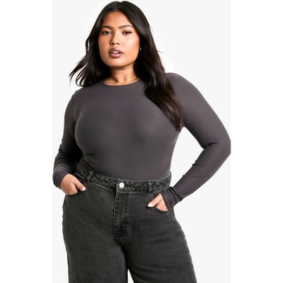 boohoo Dames Plus Dubbele Laag Geruched Lange Mouwen Top | Charcoal | Maat: 16