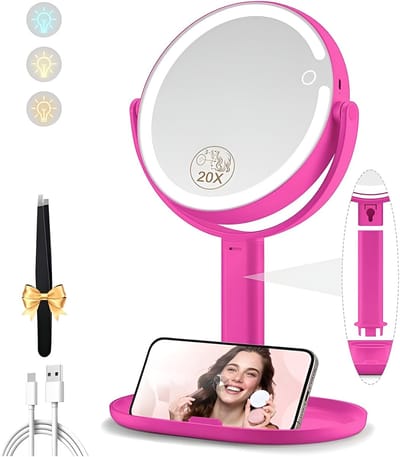 Make Up Spiegel Met Verlichting, Dubbelzijdige 1x/20x Vergrotende Spiegel Met Licht, Oplaadbare 3-Kleurenverlichting En Instelbare Helderheid Make Up Spiegel, 360° Draaibaar, Hete Roze