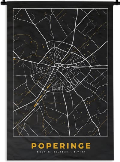 Wandkleed - Wanddoek - Black & gold - Poperinge - Stadskaart - Plattegrond - Kaart - 120x180 cm - Wandtapijt