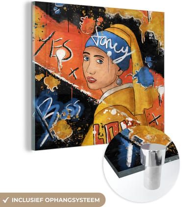 MuchoWow® Glasschilderij 50x50 cm - Schilderij acrylglas - Meisje met de Parel - Street art - Kunst - Foto op glas - Schilderijen