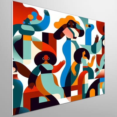 Abstract dikke dames schilderij | Expressieve curves: een dans van kleurrijke abstracte vrouwelijke vormen | Kunst - 75x75 centimeter op Forex | Foto op Forex