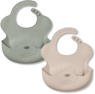 Broemba Siliconen Slabbetjes met Opvangbak - Set van 2 Stuks - Slabber voor Baby - Opvouwbare Slab - Beige / Groen