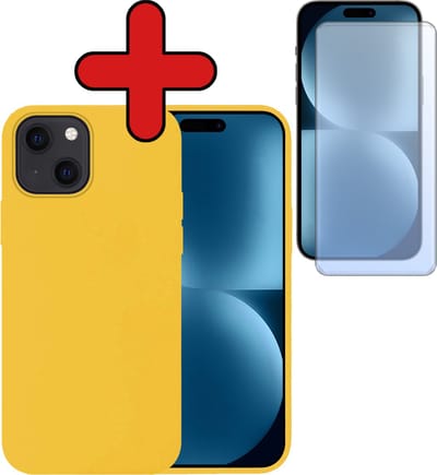 Hoesje - Met Screenprotector - Geschikt voor Apple iPhone 15 - Sterk & Shockproof - Telefoon Hoes - Back Cover - Siliconen Case - Telefoonhoes - Geel