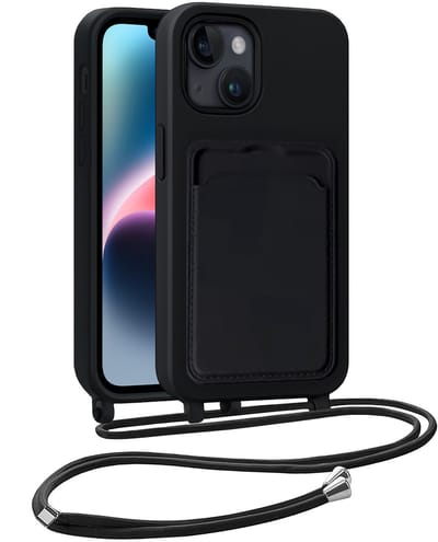 Hoesje Geschikt voor iPhone 13 Telefoonhoesje Met Koord Case Pashouder Siliconen - Hoes Geschikt voor iPhone 13 Hoesje Met Kaarthouder - Zwart