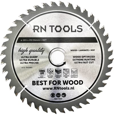 RNtools Cirkelzaagblad 165 x 20 mm - 40 tanden - voor Hout, Hardhout, Laminaat, MDF, Multiplex