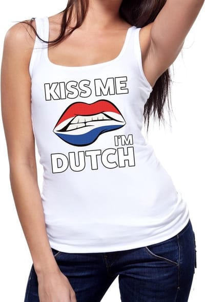 Kiss me I am Dutch tanktop / mouwloos shirt wit dames - feest shirts dames - Holland kleding S