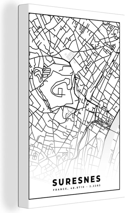 Canvas Schilderij Kaart - Stadskaart - Suresnes - Frankrijk - Plattegrond - Zwart wit - 20x30 cm - Wanddecoratie