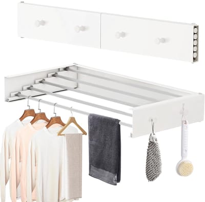 Dailygoods- Droogrek Opvouwbaar - Wandmontage - 5 Stangen - 4 Haken - 25 kg Capaciteit - Ruimtebesparend Ontwerp - Wasdroogrek