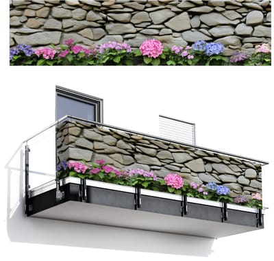 Balkonscherm 500x120 cm - Balkonposter Hortensiaâ€™s - Stenen - Muur - Bloemen - Balkon scherm decoratie - Balkonschermen - Balkondoek zonnescherm
