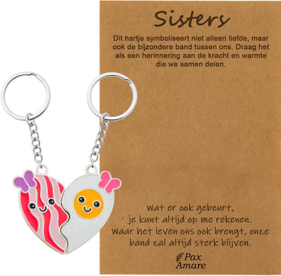 BFF Sleutelhanger voor 2 'Sisters' - Magnetisch Hartje Bacon & Ei - Sleutelhangers op Cadeau Kaartje - Zilverkleurig - Vriendschap Symbool - Pax Amare