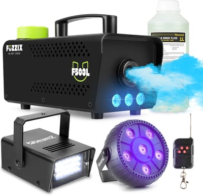 Partyset met Fuzzix F503L Rookmachine - 1L Rookvloeistof - 1x Strobo en 1x Blacklight op accu