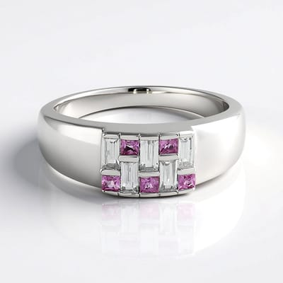 Cavill - Vergulde 925 Sterling Zilveren Ring - 0.707ct Baguette Zirkonen & 0.416ct Roze Princess Saffier - Elegante Bezelzetting