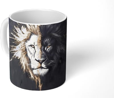 Mok - Koffiemok - Leeuw - Gesplitst - Zwart - Lijn - Mokken - 350 ML - Beker - Koffiemokken - Theemok