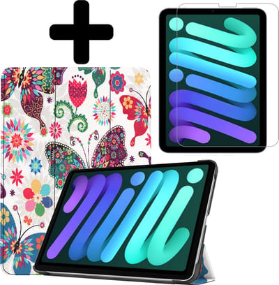 Hoes - Geschikt voor Apple iPad Mini 6 (2021) - 8.3 inch - 6e Generatie - Met Screenprotector - Trifold Bookcase - Hard Cover - Hardcover Book Case - Tablet Hoesje - Vlinders