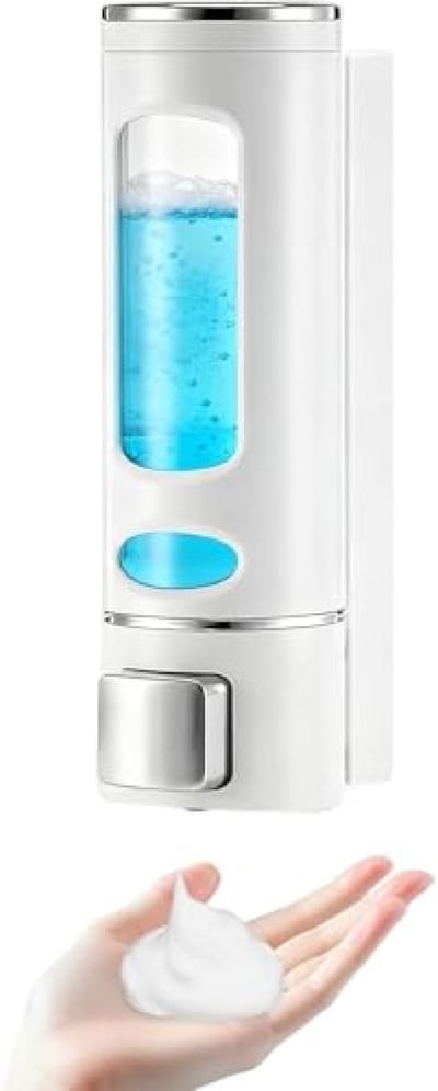 400 ml zeepdispenser wandbevestiging, zeepdispenser voor muur zonder boren, gelijkmatige vloeistofafgifte, shampoo douchegeldispenser voor shampoo, spoeling, douchegel, vloeibare zeep (wit)