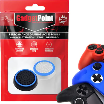 Gadgetpoint - Thumb Grips voor PlayStation, PS5, Xbox X/S, One & Switch Pro Controller - Gaming Thumbgrips - Performance Anti-Slip Thumbsticks - Bescherming Accessoires - Wit Lichtblauw/Zwart Lichtblauw