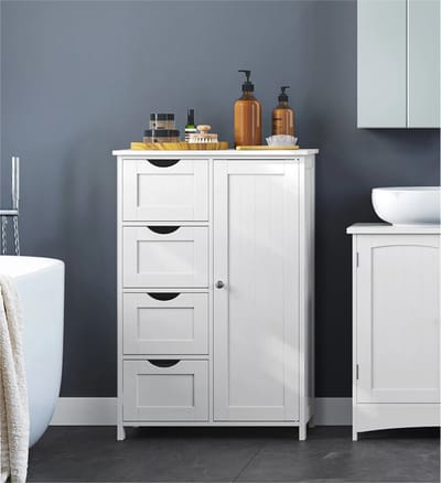 Linkforu – Badkamerkast - Smalle Kast- Opbergkast - Ladekast met 4 Laden en Deur - MDF – Afm: 30x55x82 cm – Vochtbestendig - Wit