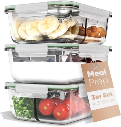 Famanu - Meal prep boxen glas met vakken, 3-delige set, glazen bakjes met deksel, geschikt voor vaatwasser, magnetron en oven, vershoudbakjes van glas met deksel