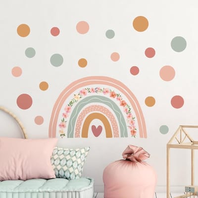 Grote Regenboog Bloemen Muurstickers met Boho Stijl en Stipjes voor Meisjeskamers, Babykamers en Speelruimtes - Vinyl Muurdecoratie