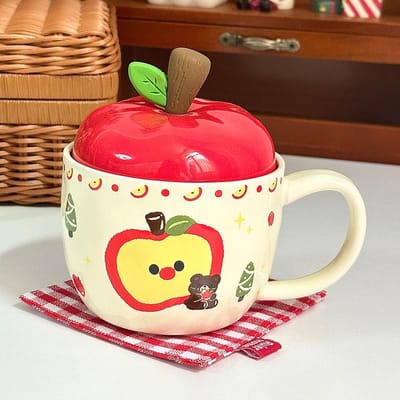 Tasse en céramique créative Apple avec couvercle Mug Cadeau d'anniversaire Fille Tasse pour boire de l'eau Tasse rétro Souvenir 301-400ml red