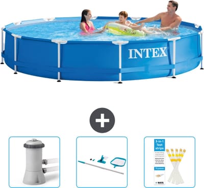 Intex Rond Frame Zwembad - 366 x 76 cm - Blauw - Inclusief Zwembadfilterpomp - Schoonmaakset - Testrips