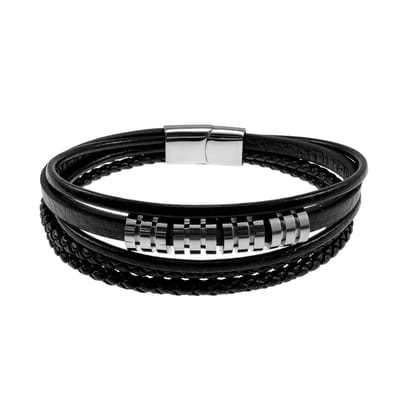 Meerlaagse Zwarte Leren Armband, Impact Design 5-Bands Leer Armband, RVS Magneetsluiting, Heren – Polsmaat 18cm