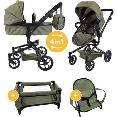 Poppenwagen-buggy, bedje en wippertje, poppen tot 50 cm - Modern Angel 4in1 Retro Green megapack - Poppenwagen.nl