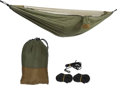 Campinghangmat - Nylon hangmat - Ontspannen buiten - Met muggennet - 280x140cm - Legergroen + kameel