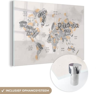 ® Glasschilderij 150x100 cm - Schilderij acrylglas - Wereldkaart - Letters - Bruin - Foto op glas - Muurdecoratie woonkamer - Wanddecoratie slaapkamer - Schilderijen
