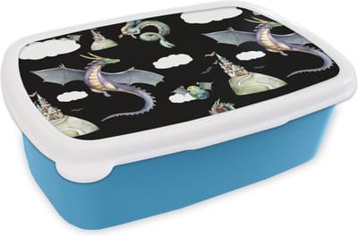Broodtrommel Blauw - Lunchbox - Brooddoos - Jongens - Patronen - Draak - Kasteel - 18x12x6 cm - Kinderen - Jongen