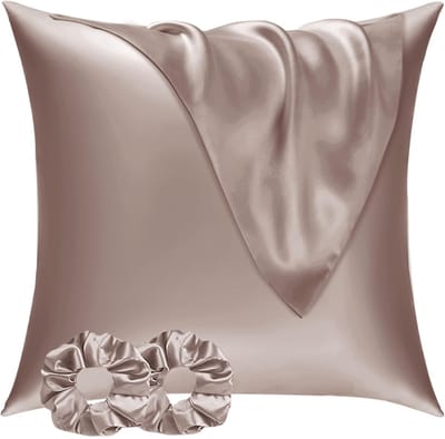 Famanu - Satijnen kussenslopen 80x80 cm bruin set 2, zijdeachtig zacht voor haar en huid, envelopsluiting met 2 haarbandjes