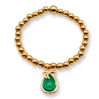 Marama - Bracelet Gold-Palm-Green - Boho Island Collection - gold colored - dames - armband - zware kwaliteit - met twee hangers - groen goud - elastisch - handgemaakt