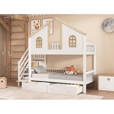 ModernLuxe Stapelbed met opbergtrap en 2 lades onder bed - 90x200 cm - met lattenbodem - Wit & Naturel