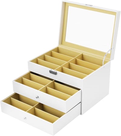 Opbergdoos Brillen - Zonnebrillen Etui - Veilig Opbergen - Afsluitbaar Bovenste Vak - 34 x 25 x 19 cm - Wit