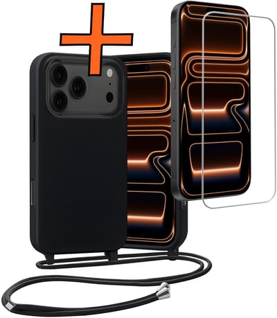 Hoesje Geschikt voor iPhone 17 Pro Hoes Met Telefoonketting Met Screenprotector - Backcover Geschikt voor iPhone 17 Pro Case Met Koord - Zwart