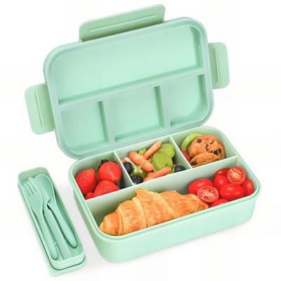 Broodtrommel met vakken, voor kinderen en volwassenen, 1300 ml, lunchbox voor kinderen, lekvrij, met 4 vakken, bentobox, ontbijtbox, snackbox, voor jongens en meisjes, groen