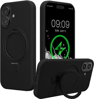kwmobile Hoesje met Ringstandaard voor Apple iPhone 16 - Compatibel met MagSafe - Siliconen Beschermhoes met Microvezel Voering en Standaard - zwart