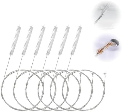 6-delige koelkastborstelset: Flexibele afvoerslangborstel (100 cm), slangborstel, lange koelkastborstel en aquarium-/slang-/knijprietjesborstel.